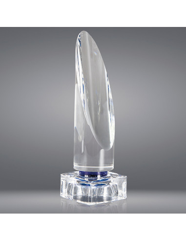 Trofeo sostenible de vidrio de alta calidad tubular y con detalle azul, podemos grabar en láser en la parte plana.