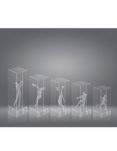 Trofeo sostenible de vidrio con figura deportiva grabada en 3D. Podemos grabar en láser, 2D y 3D dentro del vidrio. Elige el tuy