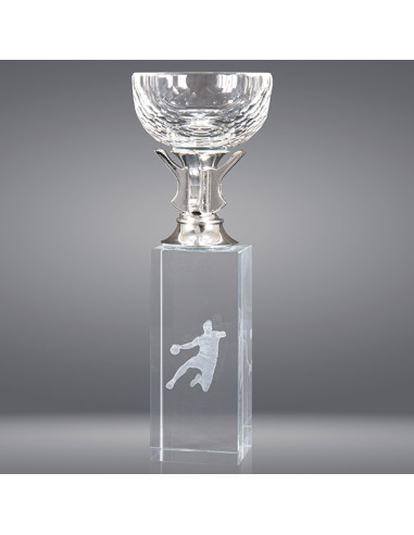 Copa deportiva con cubo de vidrio y figura deportiva en 3D grabada en su interior. Podemos grabar en láser, 2D y 3D dentro del v