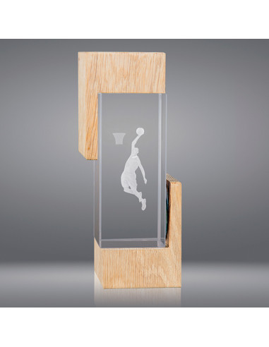 Trofeo sostenible de madera maciza de haya y cubo de vidrio con figura deportiva grabada en 3D dentro del vidrio. Elige tu esp
