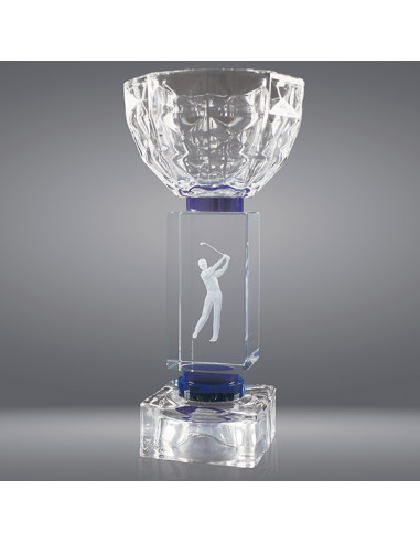 Copa deportiva sostenible totalmente de vidrio con base de vidrio y figura deportiva en 3D grabada en su interior y detalles azu
