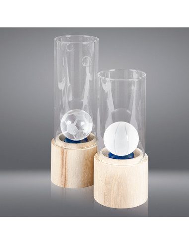 Trofeo sostenible de vidrio y base de madera, la pelota de vidrio varía según el tamaño. Disponible en Baloncesto, Golf, Fútbol,