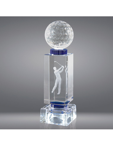 Trofeo sostenible de vidrio con figura deportiva en 3D dentro del vidrio, y pelota de vidrio que varía con el tamaño. Disponible