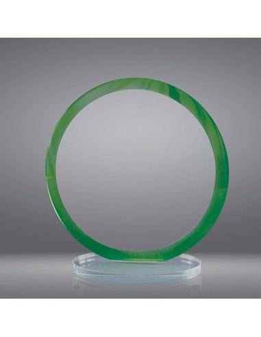 Trofeo sostenible de vidrio redondo con contraste verde, de 1 metro de grosor, y preparado para la grabación en láser o 2D.