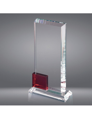 Trofeo sostenible de vidrio con detalle en rojo. Grabado en láser, 2D o a todo color.