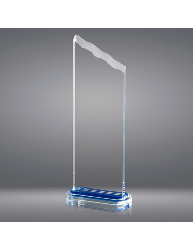 Trofeo sostenible de vidrio con detalle en azul. Grabado en láser o 2D dentro del vidrio.
