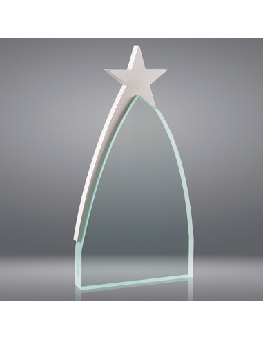 Trofeo sostenible de vidrio con detalle de estrella en aluminio plateado. Grabado en láser o 2D dentro del vidrio o a todo color