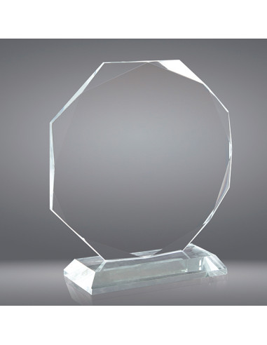 Trofeo sostenible de vidrio octogonal con bordes biselados. Grabado en láser o 2D dentro del vidrio.
