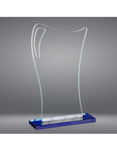 Trofeo sostenible de vidrio y base en azul, para grabado láser o a todo color.