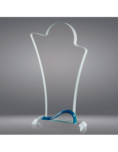 Trofeo sostenible de vidrio con detalle azul en la base. Se puede grabar en láser o 2D dentro del vidrio, y a todo color.