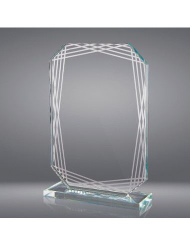 Trofeo sostenible de vidrio con detalles lineales. Se puede grabar con láser o en 2D dentro del vidrio.