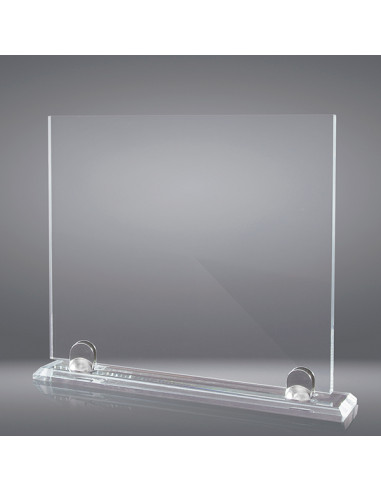 Placa de homenaje sostenible en vidrio de 1 cm de grosor, con base de vidrio y soportes plateados. Se puede grabar con láser, en