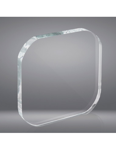 Placa de homenaje o trofeo sostenible en vidrio de 2 cm de grosor, con las esquinas redondeadas. Se puede grabar con láser, en 2