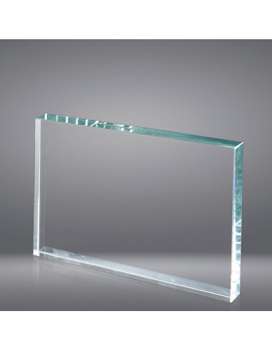 Placa de homenaje sostenible en vidrio de calidad de 19mm de grosor para grabado láser, en 2D dentro del vidrio o a todo color.