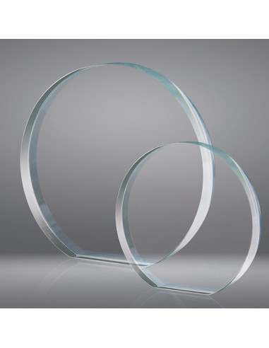 Trofeo sostenible de vidrio de calidad redondo de 19 mm de grosor para grabado láser, en 2D dentro del vidrio o a todo color.