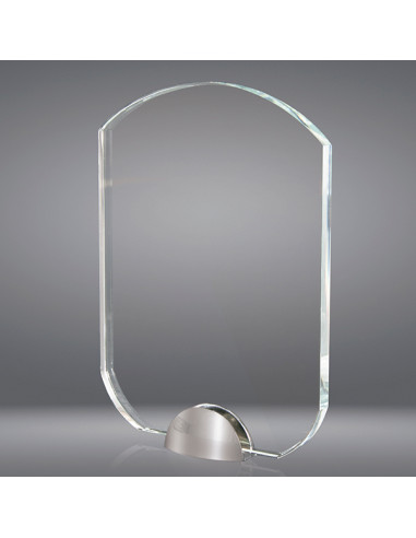 Trofeo sostenible de vidrio de 1 cm de grosor y base de metal plateado, para grabado láser en 2D dentro del vidrio o a todo colo
