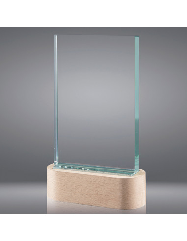 Trofeo sostenible de vidrio de calidad de 19 mm de grosor, con base de madera con luz led para iluminar el trofeo. Para gra