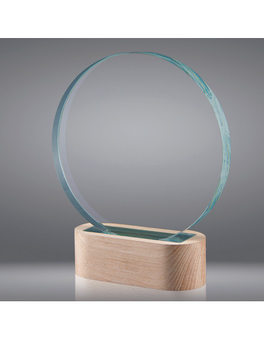 Trofeo sostenible de vidrio de calidad redondo de 19 mm de grosor, con base de madera con luz led para iluminar el trofeo. Por