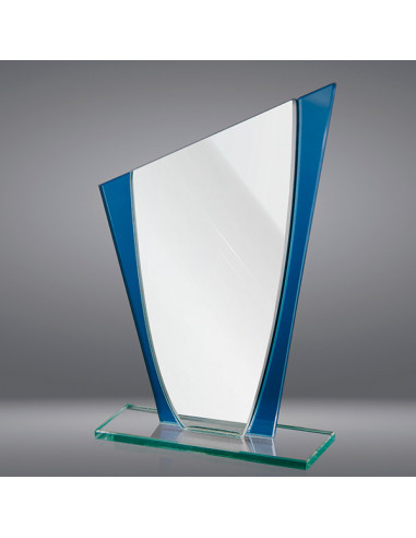 Trofeo sostenible de vidrio con detalles azules. Por grabado láser.
