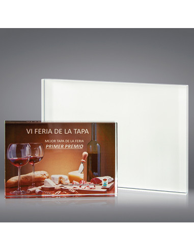 Placa de homenaje sostenible en vidrio rectangular de 19 mm de grosor, para grabación a todo color.
