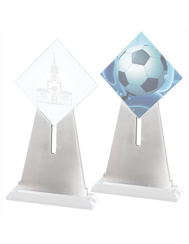 Trofeo sostenible hecho de aluminio y vidrio, para grabado láser o a todo color.