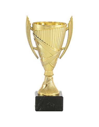Trofeus ABM - Copa de participació daurada en ABS amb nanses i peanya negre.