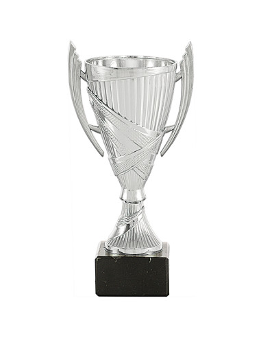Trofeus ABM - Copa de participació platejada en ABS amb nanses i peanya negre.