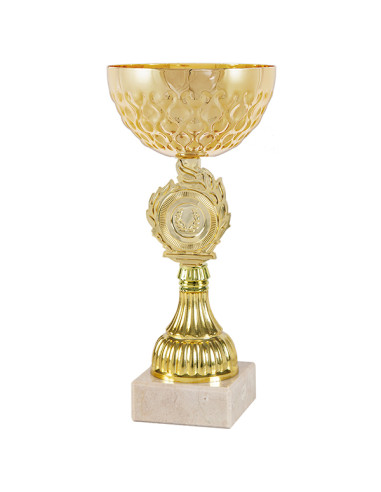 Trofeus ABM - Copa de participació daurada amb portamotius i got en metall. Disponible en tots els esports.