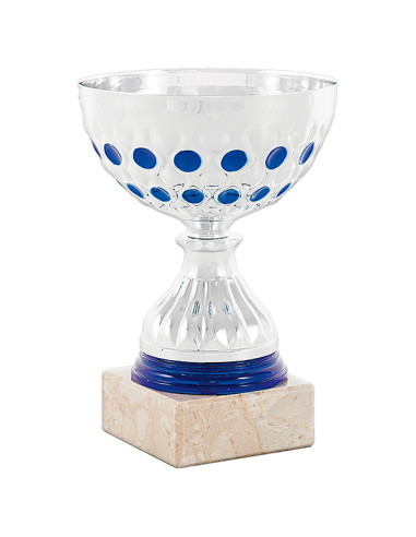 Trofeus ABM - Copa de participació bicolor platejada i blava, amb el got de metall i la peanya clara.