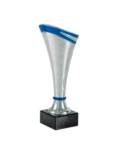 Copa de participación en ABS bicolor plata y azul, con peana negra.