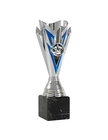 Trofeus ABM - Copa de participació en ABS bicolor plata i blau, amb portamotius i peanya negre. Disponible en tots els esports.