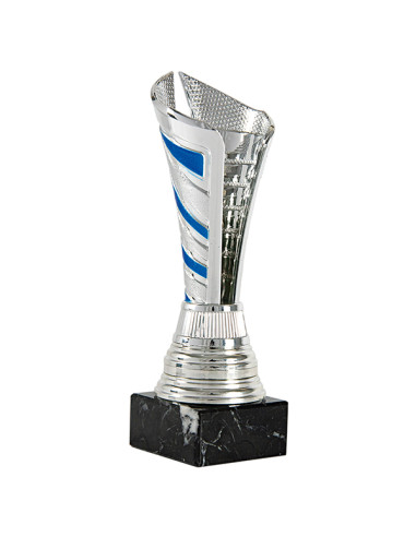 Trofeus ABM - Copa de participació platejada en ABS amb detalls blaus i peanya de marbre negre.