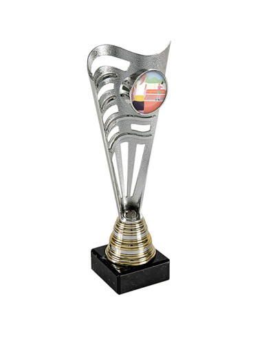 Trofeus ABM - Trofeu de participació en ABS platejat, amb portamotius i peanya negre. Disponible en tots els esports.