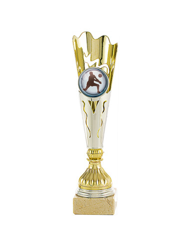 Trofeo de participación en ABS dorado, portamotivo y base clara. Disponible en todos los deportes.
