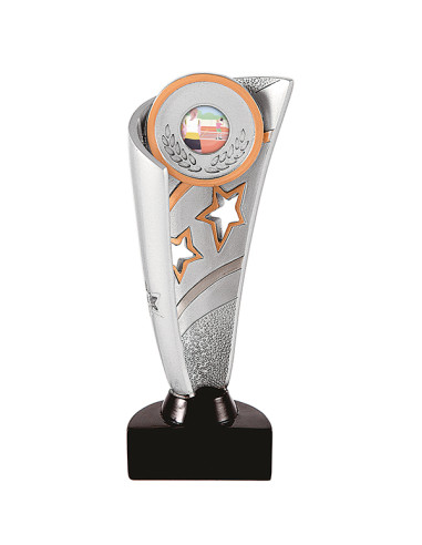Trofeus ABM - Trofeu de participació en resina decorada platejada i daurada, i portamotius. Disponoble en tots els esports.