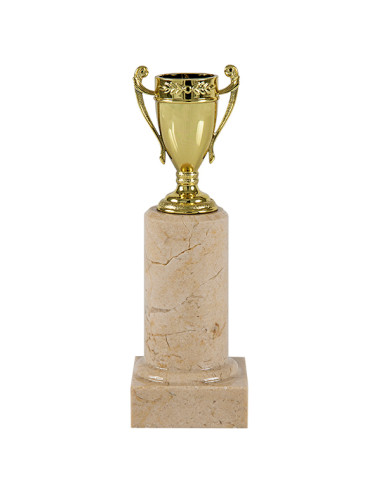 Copa de participación en copa dorada y columna de mármol claro.