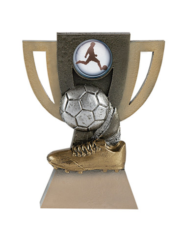 Trofeo de participación de fútbol en resina decorada y con motivos deportivos.