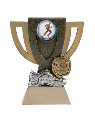 Trofeo de participación de atletismo en resina decorada y portamotivos.