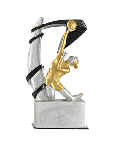 Trofeo de participación de gimnasia, en resina decorada plateada y dorada con detalle negro.