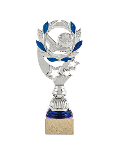 Trofeo de fútbol de participación en ABS plateado y azul, con base clara.