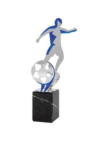 Trofeo de fútbol de participación en metal plateado y azul, con base de mármol negro.
