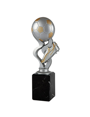 Trofeo de fútbol de participación en ABS decorado similar a resina, con base de mármol negro.