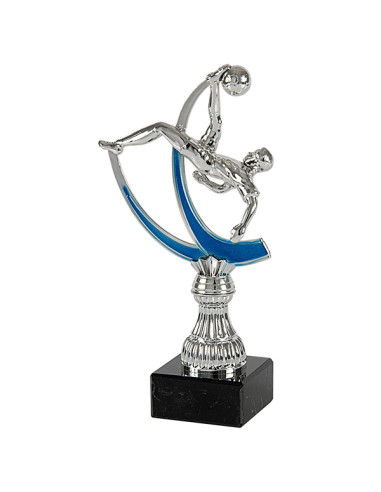 Trofeo de fútbol de participación en ABS de un jugador haciendo la chilena en plateado y detalles azules.