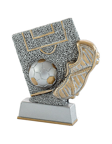 Trofeo de fútbol de participación en resina decorada plateada y dorada.