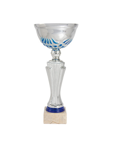 Copa deportiva plateada con base de metal, cuerpo de cerámica y pedestal claro. Disponible en 5 tamaños. Ideal para competicione