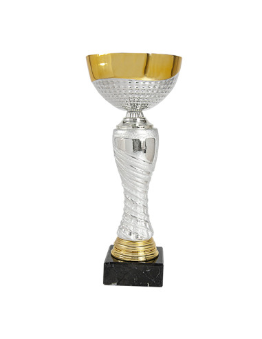 Copa deportiva plateada y dorada con gota de metal, cuerpo de cerámica y base de mármol negro. 5 tamaños. Ideal para competición