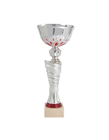 Copa deportiva plateada con detalles rojos, vaso de metal y cuerpo de cerámica plateada. Base clara. 5 tamaños. Ideal para comp