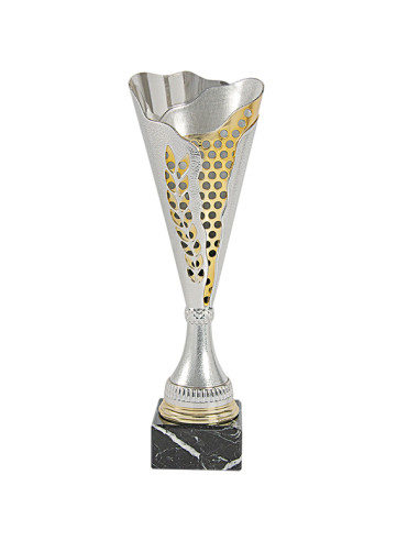 Trofeus ABM - Copa esportiva de disseny en ABS platejada i dauarada amb peanya negre. 3 tamanys.