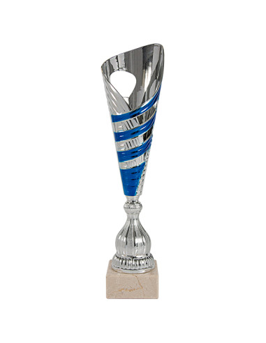 Trofeus ABM - Copa esportiva de disseny en ABS platejada i blava amb peanya clara. 3 tamanys.