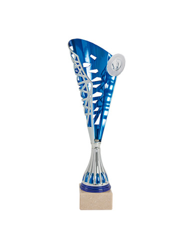 Trofeus ABM - Copa esportiva de disseny en ABS platejada i blava amb peanya clara.Portamotius esportiu. 3 tamanys.
